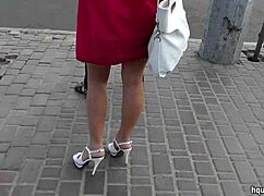 Bus stop cutie flashes skirt in sneaky upskirt tease