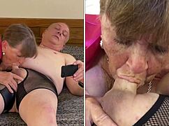 carmen in fuchsia lingerie deepthroats cock close-up as mature granny sucker