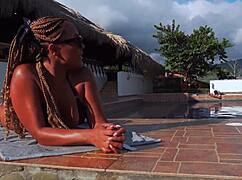 My Colombian ebony MILF rides young worker by pool