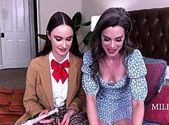 miss nicole's pipes make hazel moore moan from strap-on pussy pounding