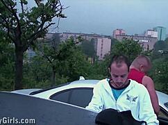girl thrusts ass through car window for public orgy fucks
