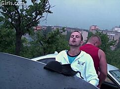 girl thrusts ass through car window for public orgy fucks