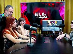 binho ted licks the pink pussy of this hot ninfeta on the podcast table while ruan watches speechless - podcast p�pum no barraco she takes charge