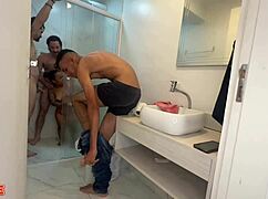 Brazilian midget slut rides two huge cocks in steamy bath threesome
