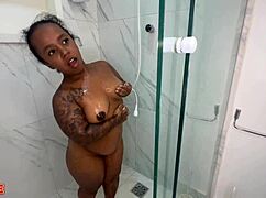 Brazilian midget slut rides two huge cocks in steamy bath threesome