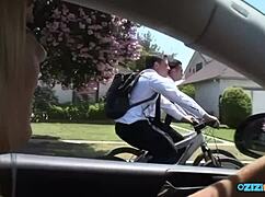 Two guys on bikes end up fucking a big titted bimbo
