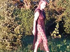 grandma flashes natural tits in sheer bodysuit while wearing heels outside
