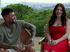 curvy redhead slut double teamed in her dripping cunt and finished with a huge titty cumshot