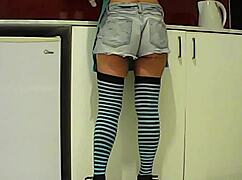 latina brunette eats banana in the kitchen and sucks a big cock