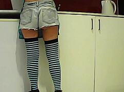 latina brunette eats banana in the kitchen and sucks a big cock