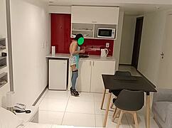 latina brunette eats banana in the kitchen and sucks a big cock