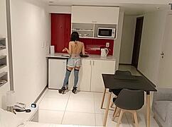 latina brunette eats banana in the kitchen and sucks a big cock