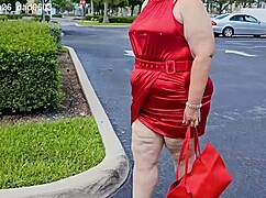 beautiful woman walking outdoors in public parking lot showing off for strangers