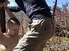 using tied to the tree bald slut in forest