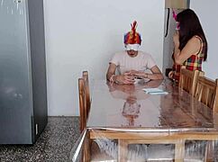 A maid fulfills a dark fetish in front of a man whos taking care of her at home her tits are charming and natural
