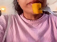 Chubby girl farts after drinking milk outdoors