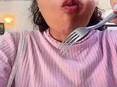 Chubby girl farts after drinking milk outdoors