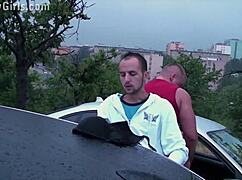 Girls expose ass out window for public gangbang