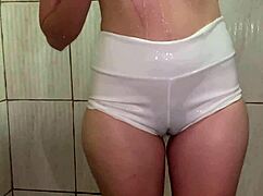wetlook shower in a top and shorts