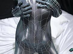indonesian asian couple has fun in spiderman costumes at home