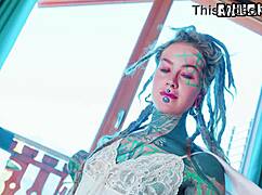 tattooed pornstar in lingerie dp herself with crazy dildos
