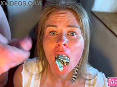 dollar bills stuffed in her wet pussy for handjob